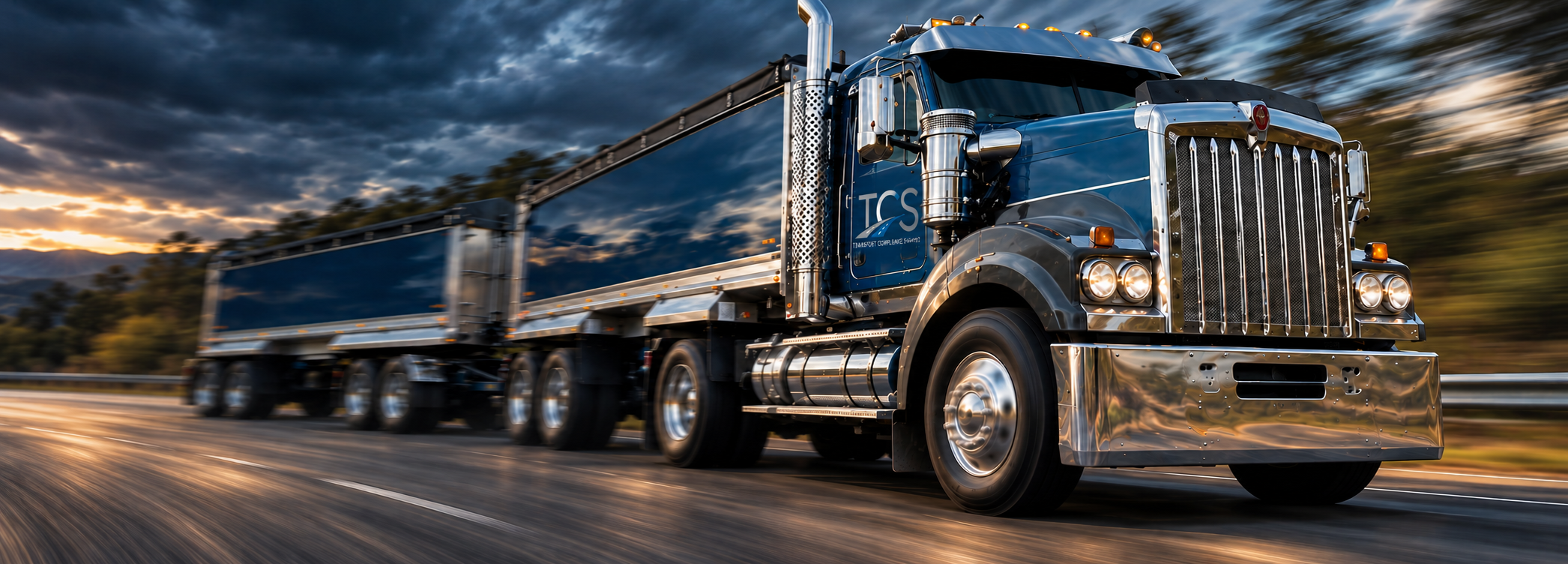 Blue-grey TCS-branded truck and dog trailer travelling on a highway